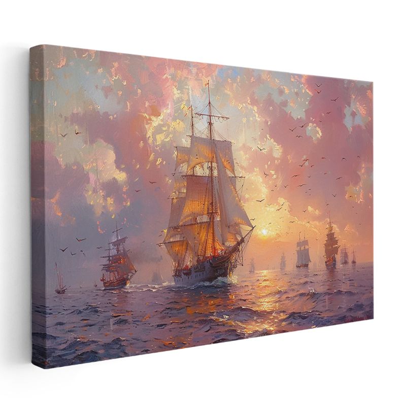 Yelkenli Gemiler - Pembe Gökyüzünde Deniz Yolculuğu Kanvas Tablo