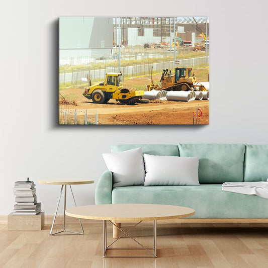 İş Makineleri - İnşaat Sahasında Çalışan Silindirler Kanvas Tablo