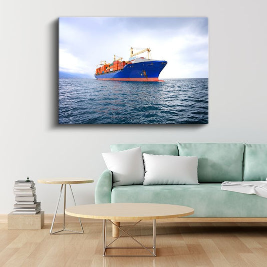 Konteyner Gemisi - Okyanus Üzerinde Yük Taşıyan Mavi Gemi Kanvas Tablo