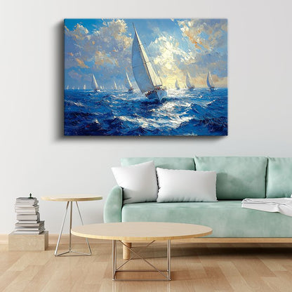 Yelkenli Tekne - Mavi Denizde Yarış Yapan Beyaz Yelkenli Kanvas Tablo