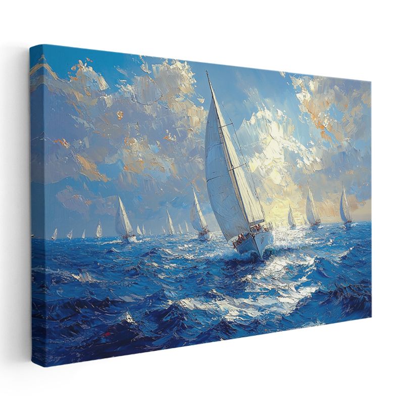 Yelkenli Tekne - Mavi Denizde Yarış Yapan Beyaz Yelkenli Kanvas Tablo
