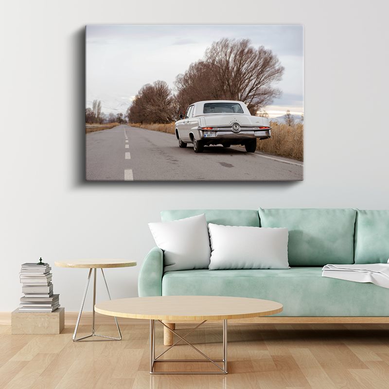 Chrysler Imperial - Kırsal Yolda Nostaljik Beyaz Sedan Kanvas Tablo