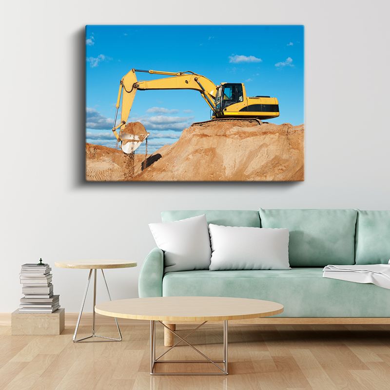 Ekskavatör - İnşaat Sahasında Çalışan Sarı İş Makinesi Kanvas Tablo