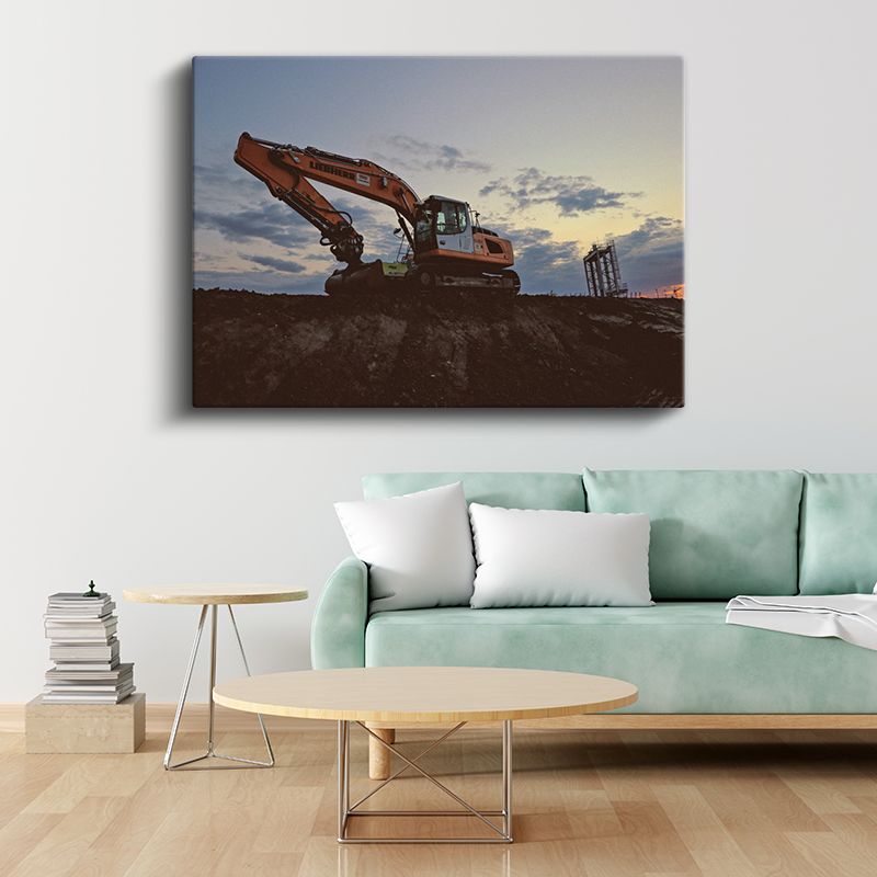 Doosan Ekskavatör - Gün Batımında Çalışan İş Makinesi Kanvas Tablo