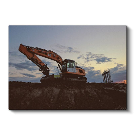 Doosan Ekskavatör - Gün Batımında Çalışan İş Makinesi Kanvas Tablo