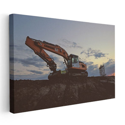 Doosan Ekskavatör - Gün Batımında Çalışan İş Makinesi Kanvas Tablo