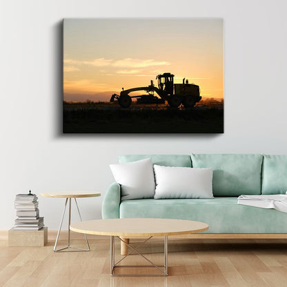 Greyder Silüeti - Gün Batımında İş Makinesi Kanvas Tablo