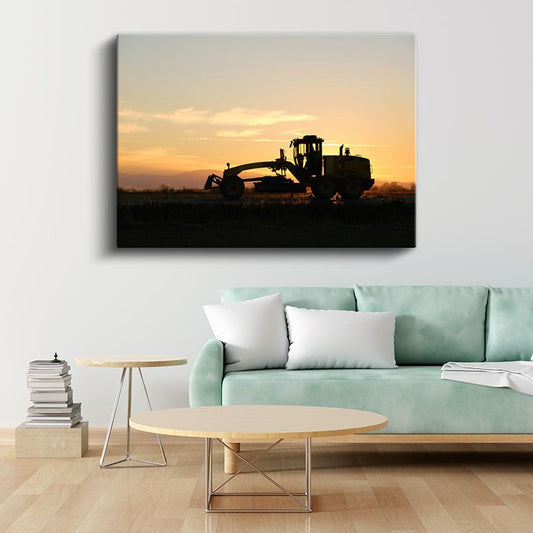 Greyder Silüeti - Gün Batımında İş Makinesi Kanvas Tablo