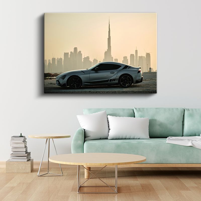 Toyota Supra - Dubai Silueti Önünde Modern Spor Araba Kanvas Tablo
