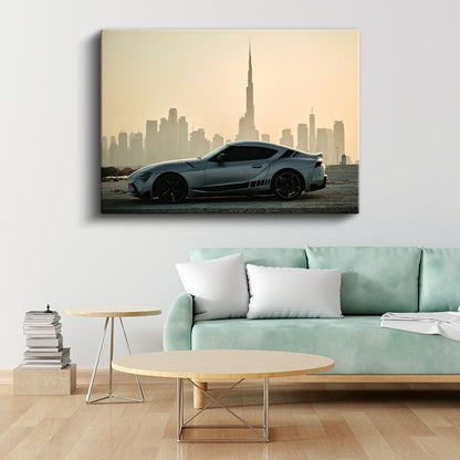 Toyota Supra - Dubai Silueti Önünde Modern Spor Araba Kanvas Tablo