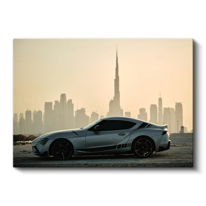 Toyota Supra - Dubai Silueti Önünde Modern Spor Araba Kanvas Tablo