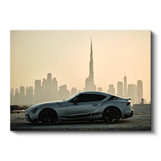 Toyota Supra - Dubai Silueti Önünde Modern Spor Araba Kanvas Tablo