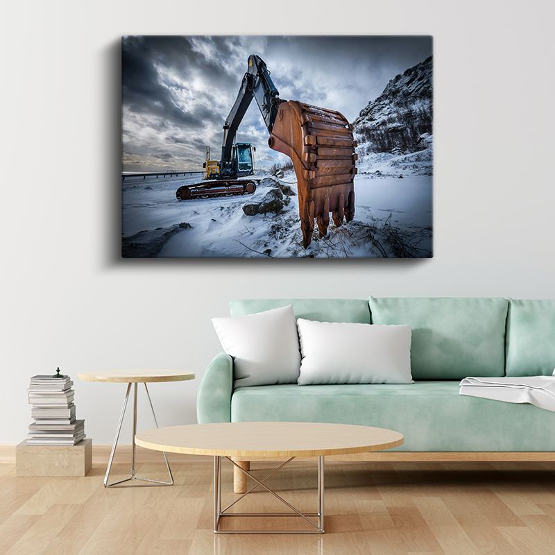 Ekskavatör - Karlı Dağ Manzarasında İş Makinesi Kanvas Tablo