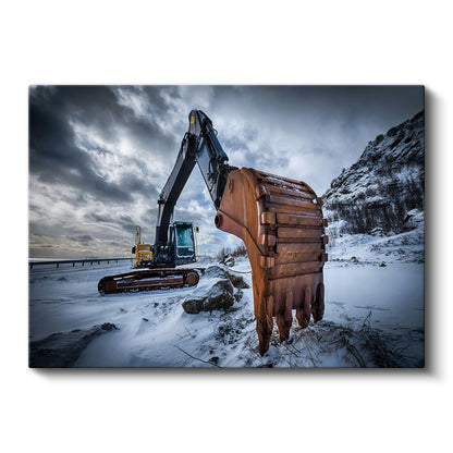 Ekskavatör - Karlı Dağ Manzarasında İş Makinesi Kanvas Tablo