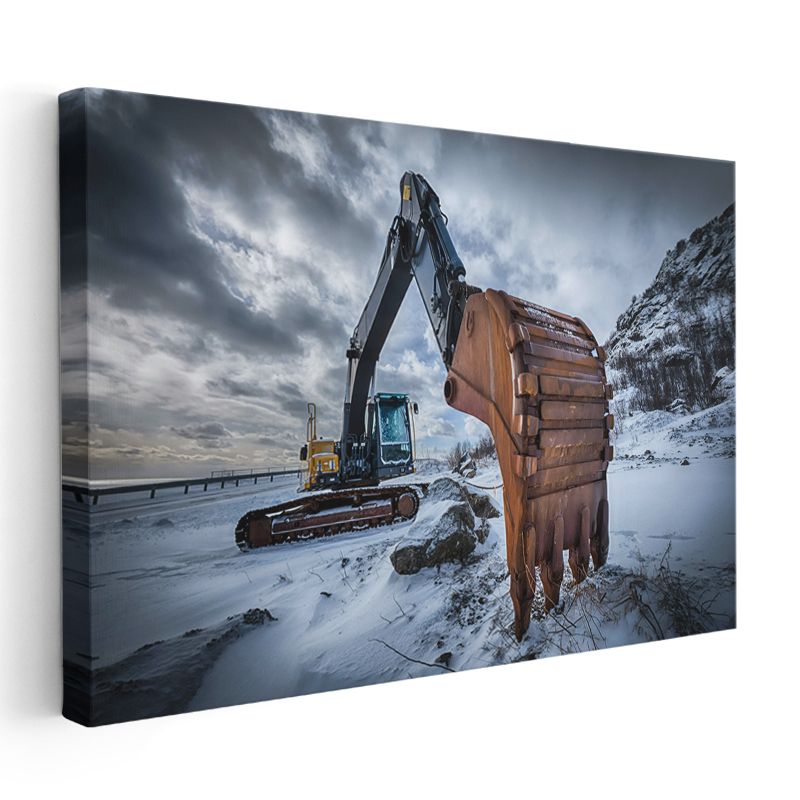 Ekskavatör - Karlı Dağ Manzarasında İş Makinesi Kanvas Tablo