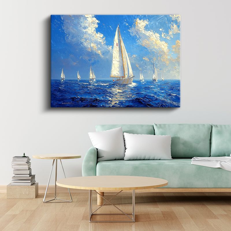 Yelkenli Tekne - Mavi Denizde Beyaz Yelkenler Kanvas Tablo