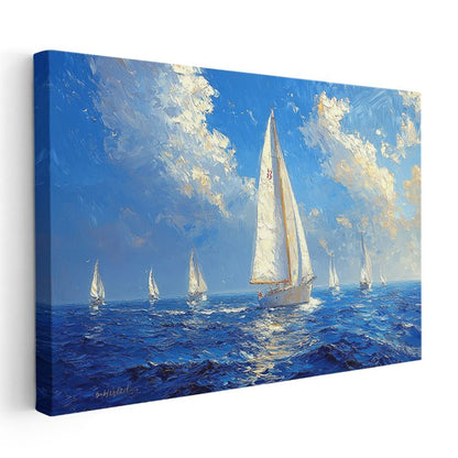 Yelkenli Tekne - Mavi Denizde Beyaz Yelkenler Kanvas Tablo