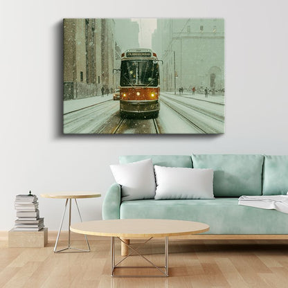 Tramvay - Karlı Şehir Merkezinde Nostaljik Ulaşım Kanvas Tablo