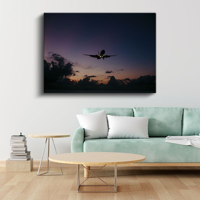 Yolcu Uçağı Silueti - Gün Batımında İniş Anı Kanvas Tablo