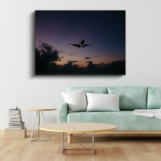 Yolcu Uçağı Silueti - Gün Batımında İniş Anı Kanvas Tablo