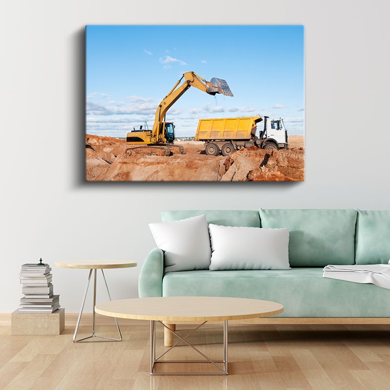 Ekskavatör ve Damperli Kamyon - İş Makineleri İnşaat Sahası Kanvas Tablo