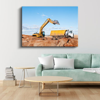 Ekskavatör ve Damperli Kamyon - İş Makineleri İnşaat Sahası Kanvas Tablo