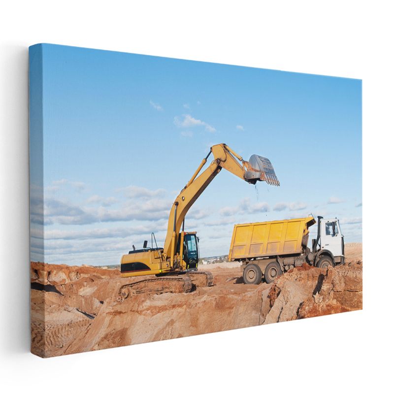 Ekskavatör ve Damperli Kamyon - İş Makineleri İnşaat Sahası Kanvas Tablo