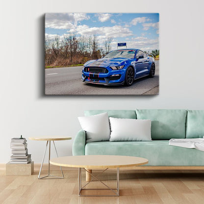 Ford Mustang Shelby GT350 - Mavi Yarış Şeritleri Spor Otomobil Kanvas Tablo