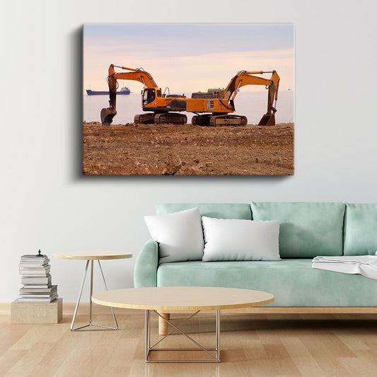 İş Makineleri İkilisi - Sahil Kenarında Çalışan Ekskavatörler Kanvas Tablo