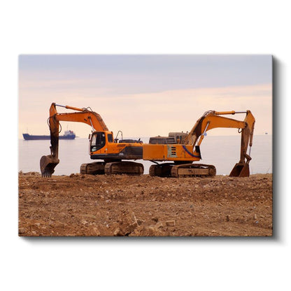 İş Makineleri İkilisi - Sahil Kenarında Çalışan Ekskavatörler Kanvas Tablo