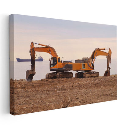 İş Makineleri İkilisi - Sahil Kenarında Çalışan Ekskavatörler Kanvas Tablo