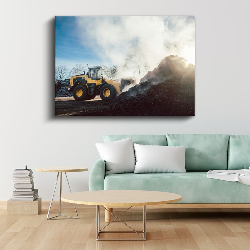 Sarı Yükleyici - Buhar Tüten Toprak Yığınında Çalışırken Kanvas Tablo