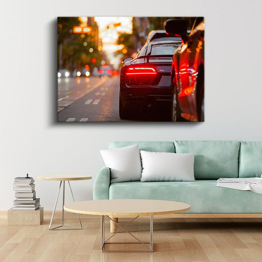 Audi R8 Gece Görünümü - Şehir Işıklarında Parlayan Süper Otomobil Kanvas Tablo