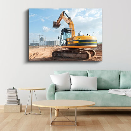 Sarı Ekskavatör - İnşaat Alanında Kanvas Tablo