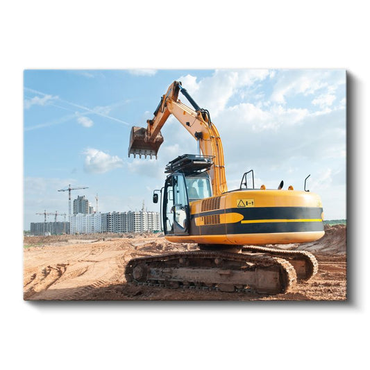 Sarı Ekskavatör - İnşaat Alanında Kanvas Tablo