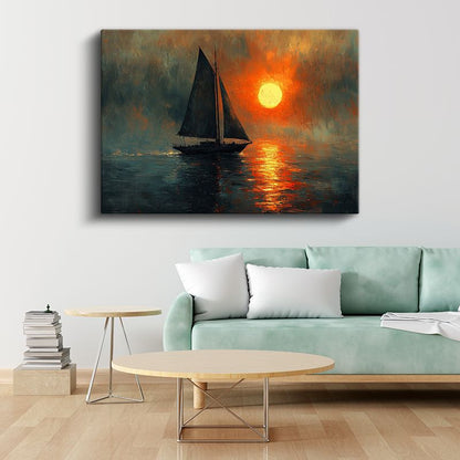 Yelkenli Tekne - Gün Batımında Denizde Kanvas Tablo