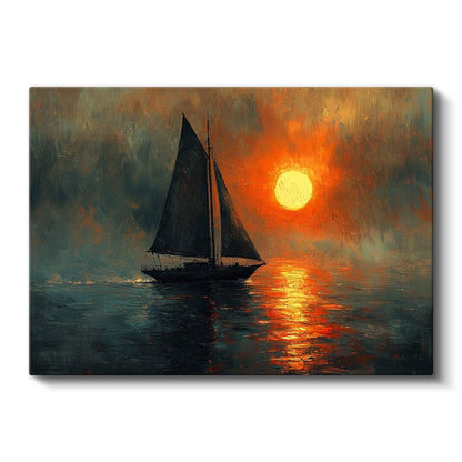 Yelkenli Tekne - Gün Batımında Denizde Kanvas Tablo