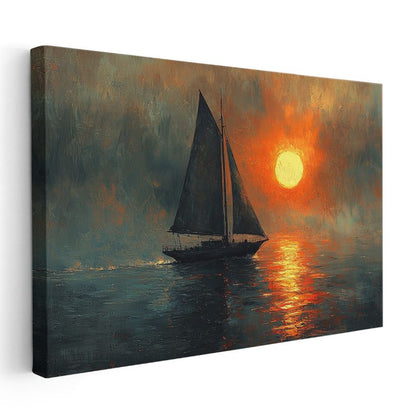 Yelkenli Tekne - Gün Batımında Denizde Kanvas Tablo