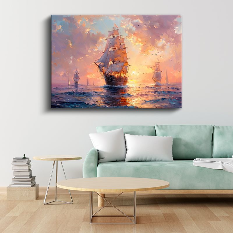 Yelkenli Gemi - Altın Saatlerde Denizde Kanvas Tablo
