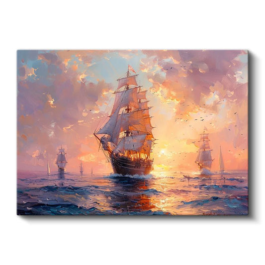 Yelkenli Gemi - Altın Saatlerde Denizde Kanvas Tablo