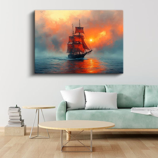 Tarihi Yelkenli - Turuncu Gün Batımında Kanvas Tablo