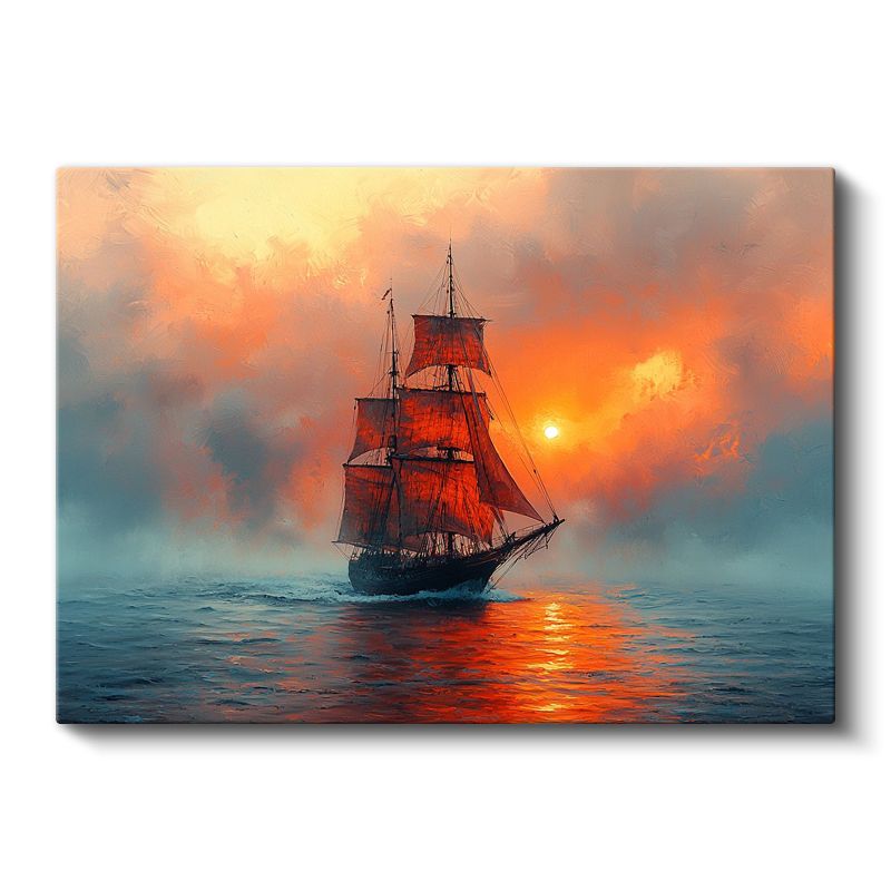Tarihi Yelkenli - Turuncu Gün Batımında Kanvas Tablo