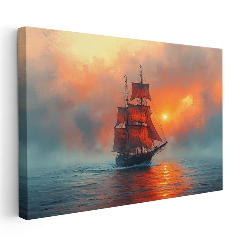 Tarihi Yelkenli - Turuncu Gün Batımında Kanvas Tablo