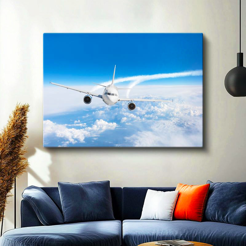 Yatay Kanvas Tablo Bulutların Arasında Süzülen Yolcu Uçağı Uçak Tablosu Ev Ofis Duvar Dekoru
