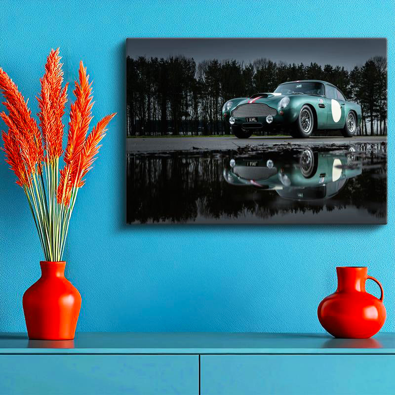 Yatay Kanvas Tablo Su Birikintisine Yansıyan Klasik Aston Martin Aston Martin Tablosu Ev Ofis Dekoru