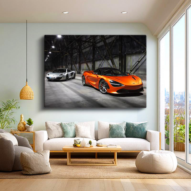 Yatay Kanvas Tablo Depo Hangarda İki Adet McLaren Spor Araba McLaren Tablosu Ev Ofis Duvar Dekoru