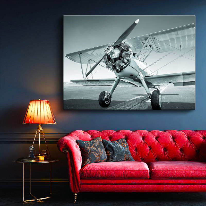Yatay Kanvas Tablo Antika Çift Kanatlı Uçak Radyal Motor Uçak Tablosu Ev Ofis Duvar Dekoru