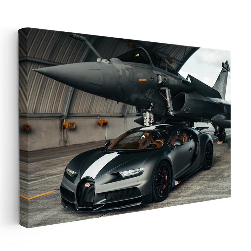 Yatay Kanvas Tablo Bugatti Chiron Sport ve Rafale Savaş Jeti Bugatti Tablosu Ev Ofis Duvar Dekoru