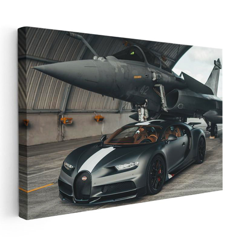 Yatay Kanvas Tablo Bugatti Chiron Sport ve Rafale Savaş Jeti Bugatti Tablosu Ev Ofis Duvar Dekoru