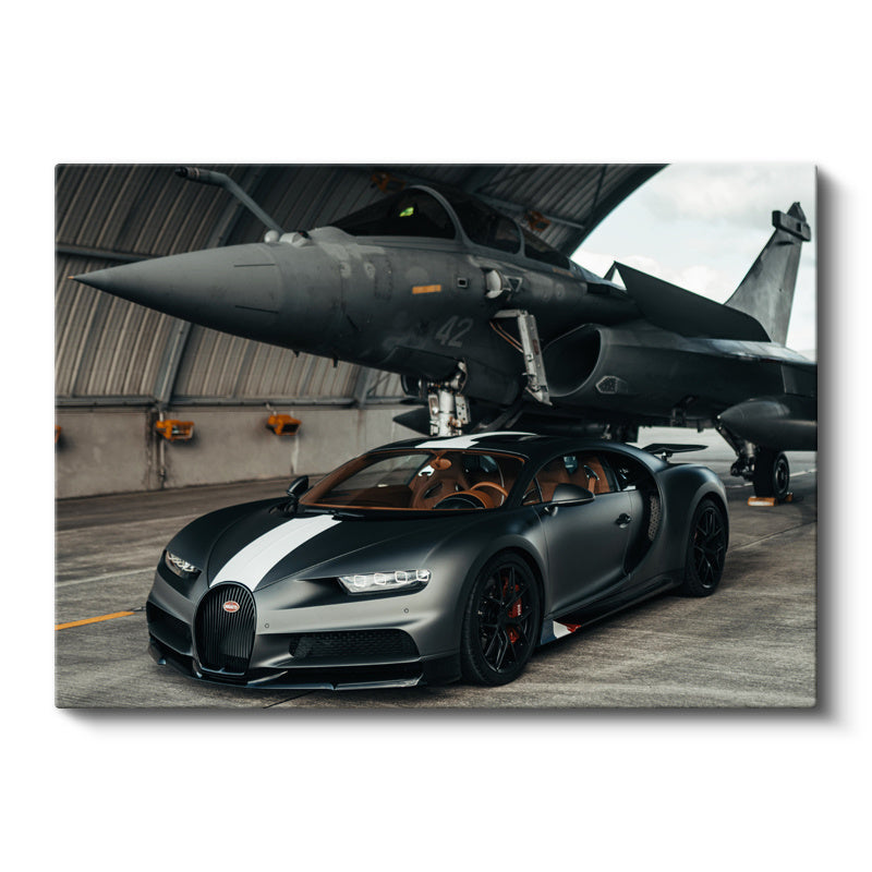 Yatay Kanvas Tablo Bugatti Chiron Sport ve Rafale Savaş Jeti Bugatti Tablosu Ev Ofis Duvar Dekoru